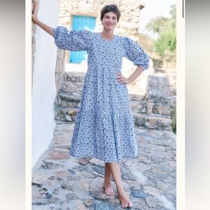 SZ Blockprints Orti Dress in Ditsy Print Cotton Tiered Skirt Sz Small Blue White